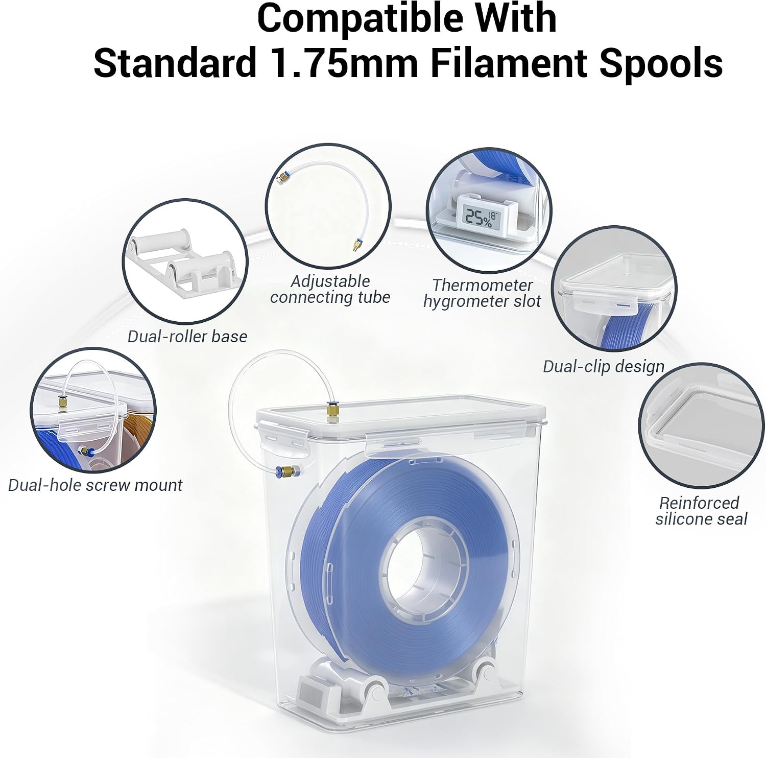 3D Printer Filament Dry Box, Airtight Filament Storage Box with Dual Outlets, Hygrometer, Reusable Desiccant & Spool