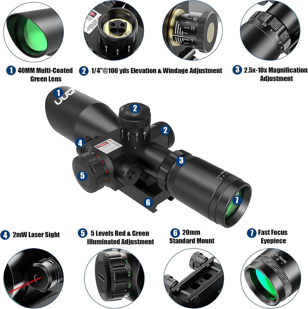 2.5-10x40 Rifle Scope with Red/Green Illuminated Mil-dot with Red/Green Laser Combo-Green Lens Color,Tactical Scope