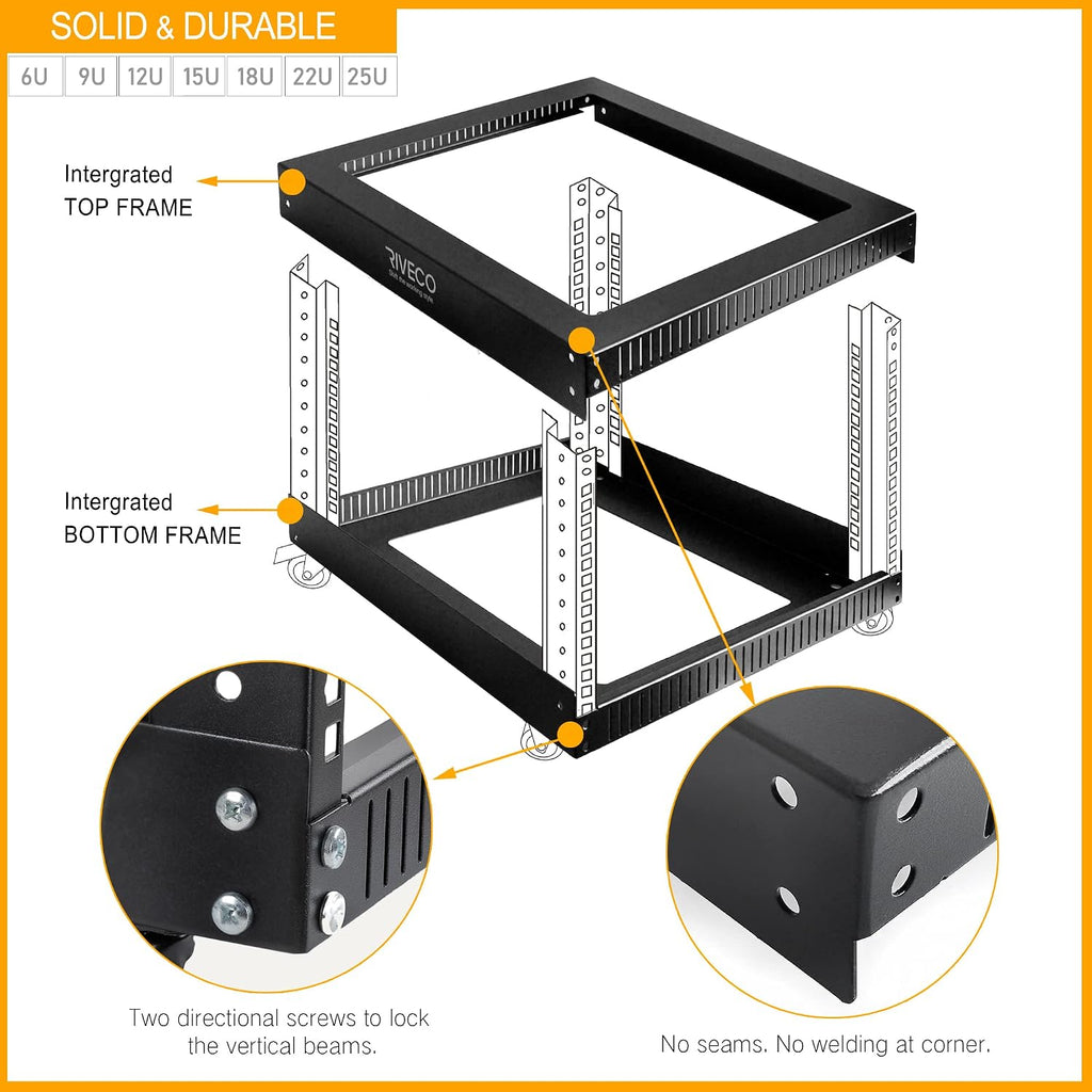 12U Server Rack Open Frame with Casters-RIVECO 4 Post Quick Assembly 19-inch, Data Rack Network Shelf Cabinet Heavy Duty Black