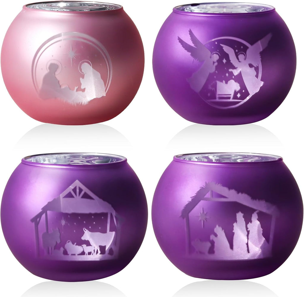 Advent Candle Holders Set of 4, Glass Tealight Votive Candle Hodlers Tabletop Nativity Christmas Table Decorations