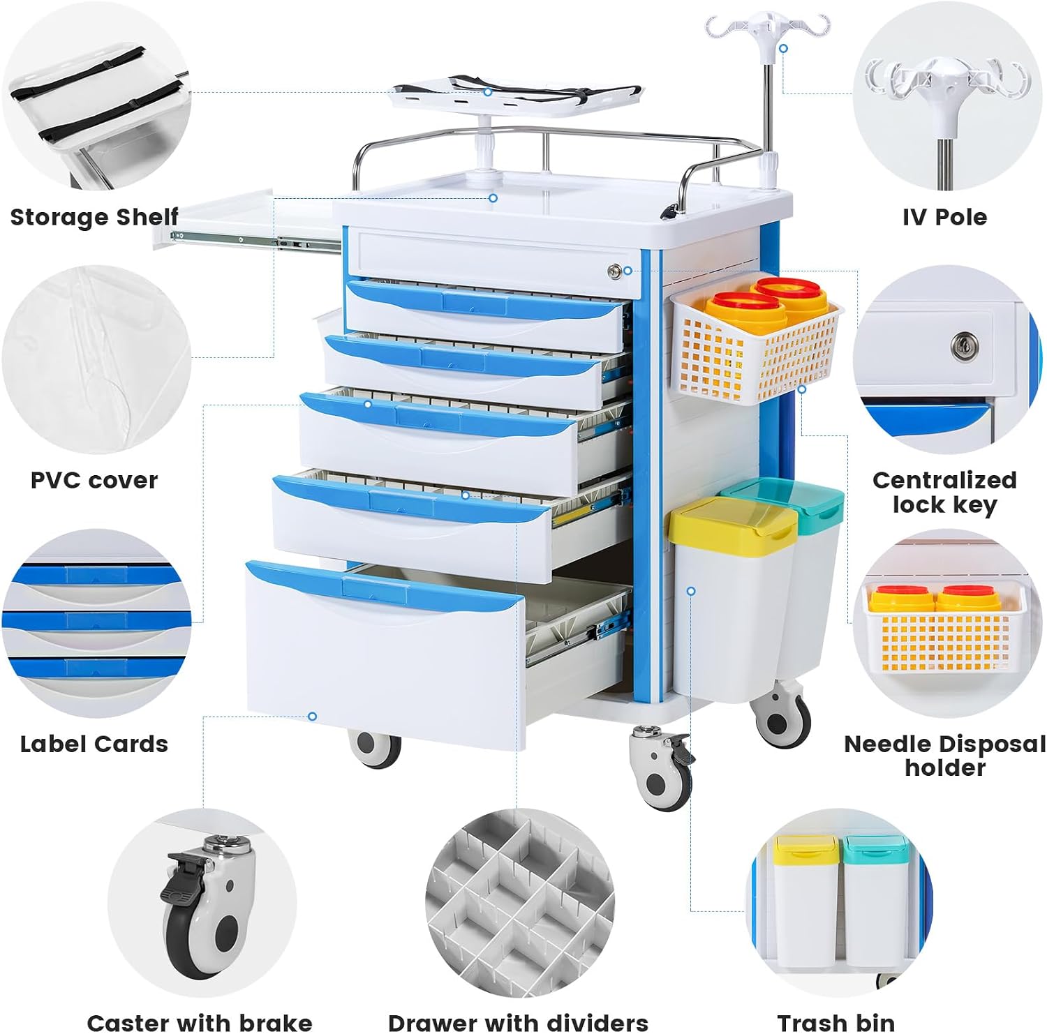 5-Tier Medical Cart, Hospital Emergency Rolling Crash Carts with Adjustable IV Pole, Silent Casters, Trash Bin & O2