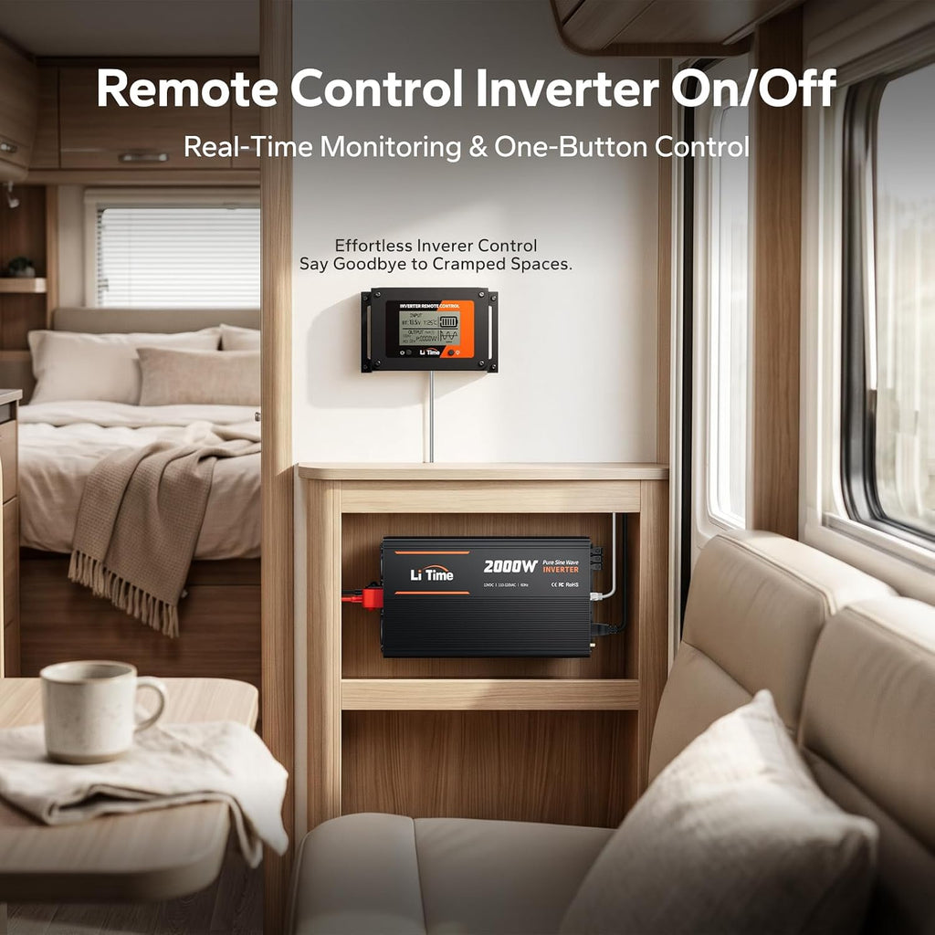 2000W Pure Sine Wave Power Inverter, 12V DC to 120V AC for Off-Grid | 4000W Surge Power, LCD Remote Control with 4 AC