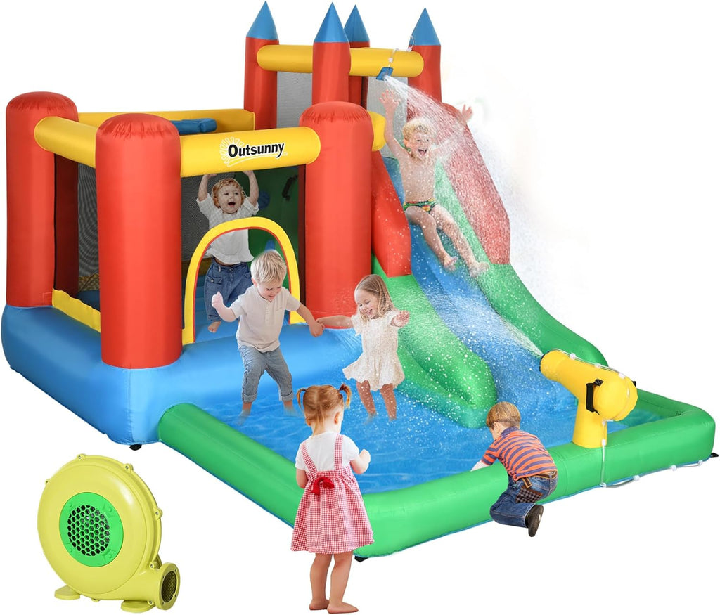 6-in-1 Kids Bounce House Inflatable Water Slide with Pool, Water Cannon, Climbing Wall, Inflator Included, Jumping