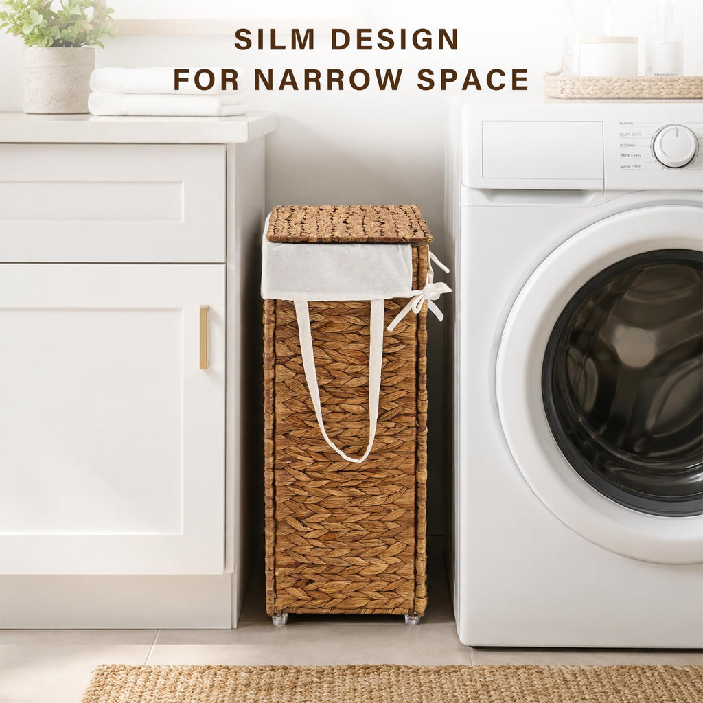 Slim Laundry Hamper with Lid, Handwoven Natural Water Hyacinth Basket