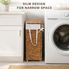 Slim Laundry Hamper with Lid, Handwoven Natural Water Hyacinth Basket