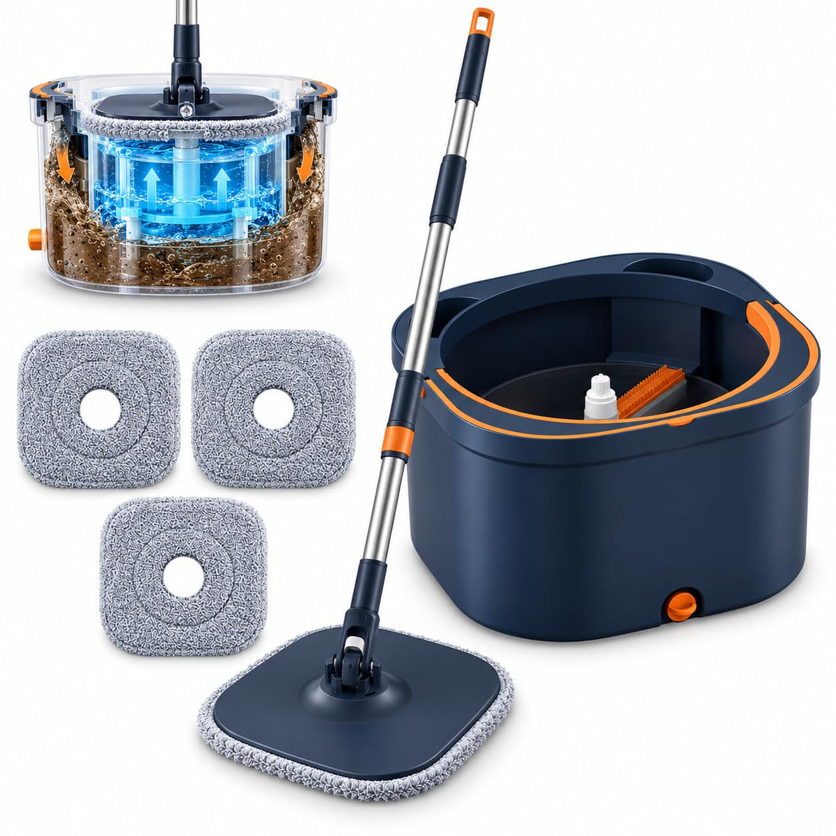 Spin Mop and Bucket Set, Mop Bucket with Separate Dirty/Clean Water System