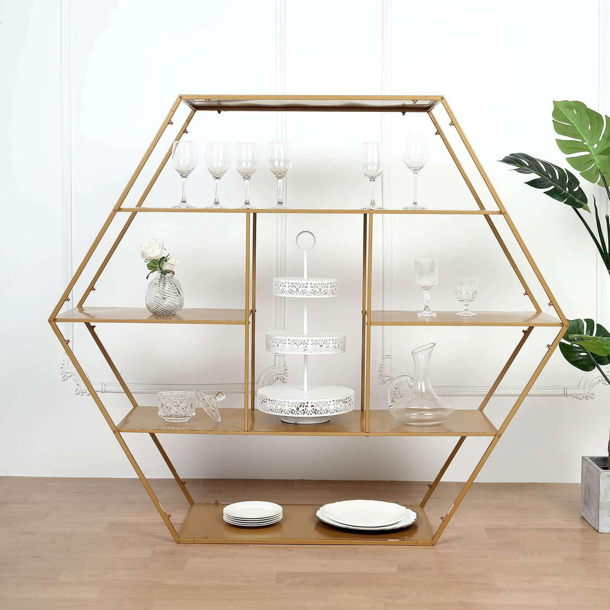 4ft Large Gold Metal Hexagonal Cake Dessert Display Stand, Wedding Arch Backdrop, Balloons Rack, Modern Bookcase