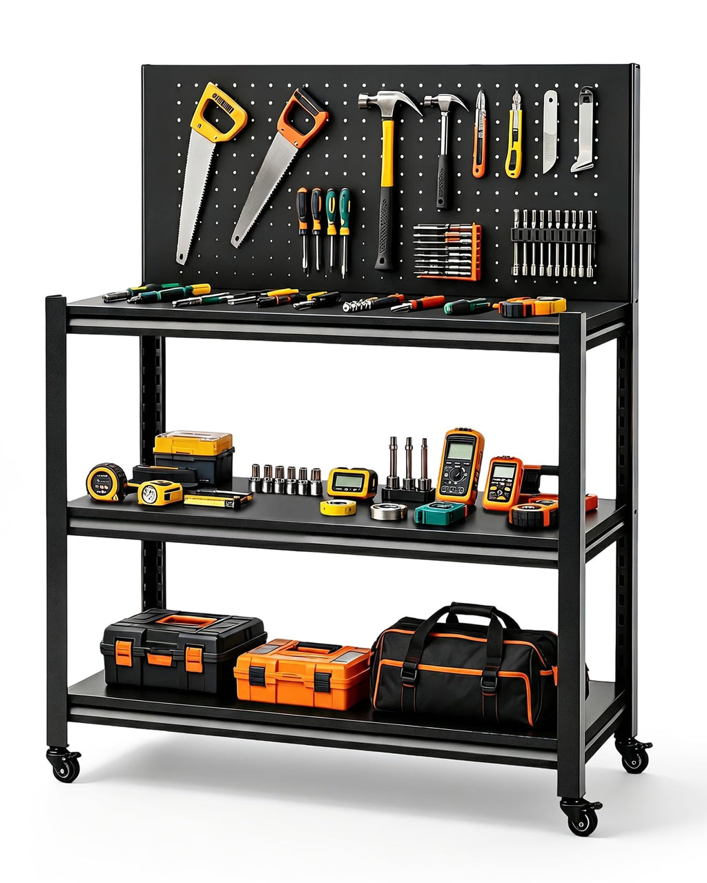 52" Mobile Garage Work Bench Table, Lockable Wheels, Pegboard