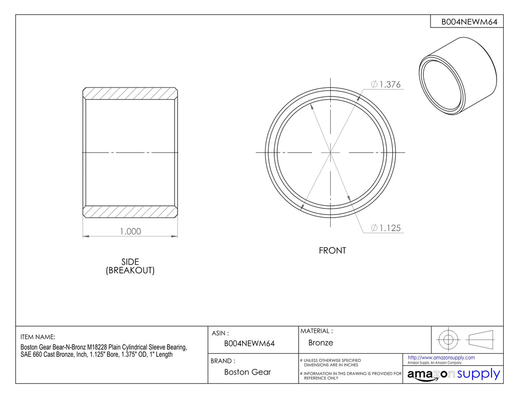 Boston Gear Bear-N-Bronz M243632 Plain Cylindrical Sleeve Bearing, SAE 660 Cast Bronze, Inch, 1.5" Bore, 2.250" OD, 4" Length