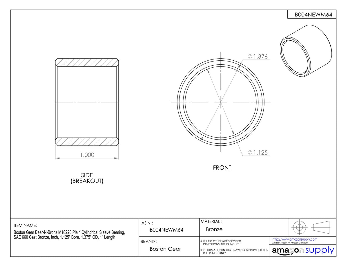 Boston Gear Bear-N-Bronz M243632 Plain Cylindrical Sleeve Bearing, SAE 660 Cast Bronze, Inch, 1.5" Bore, 2.250" OD, 4" Length