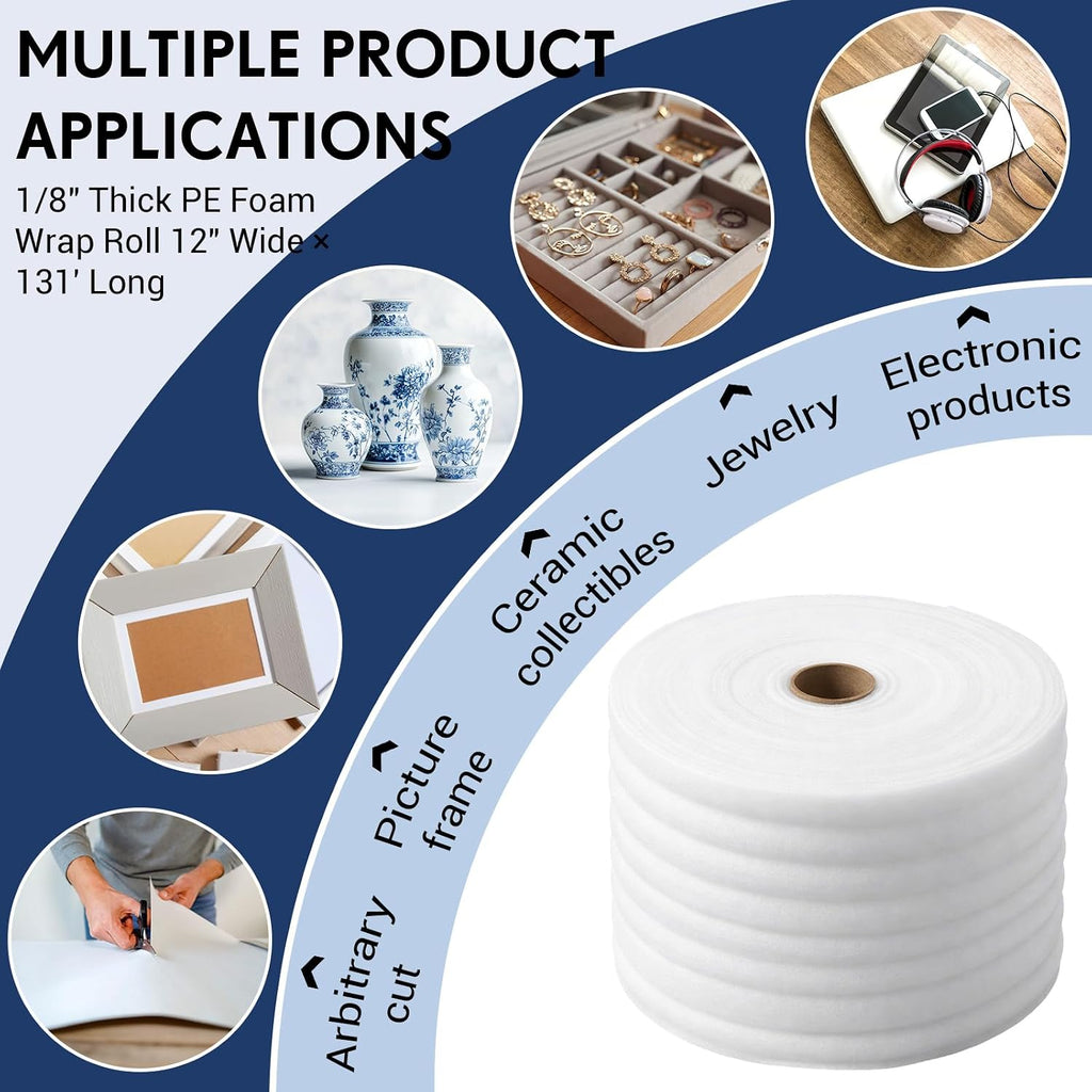 1/8" Thick EPE Foam Roll 12" x 131' Packaging Foam Roll Protective Cushion Material for Fragile Items Moving