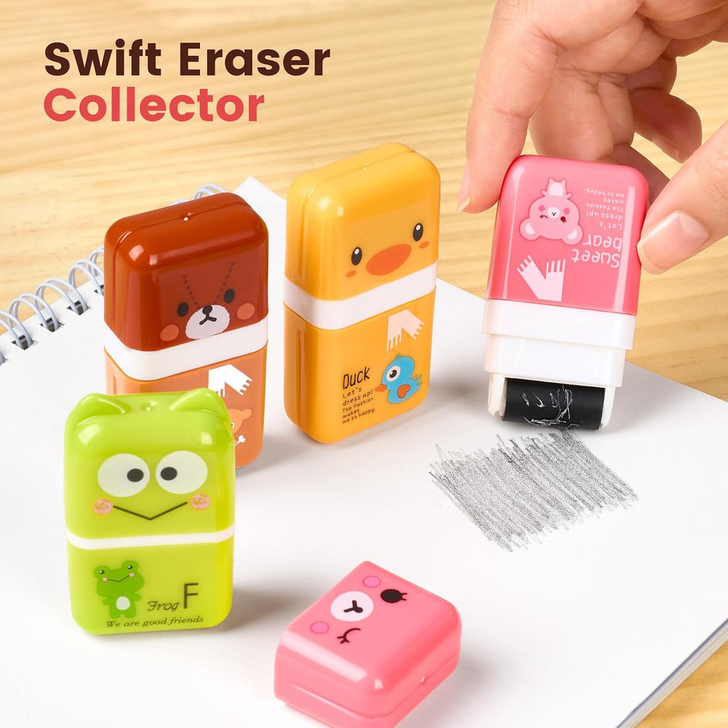 12 Pack Pencil Erasers, Cute Erasers Pencil Eraser with Clean up Roller Pencil Eraser Shaving Roller Case Erasers for