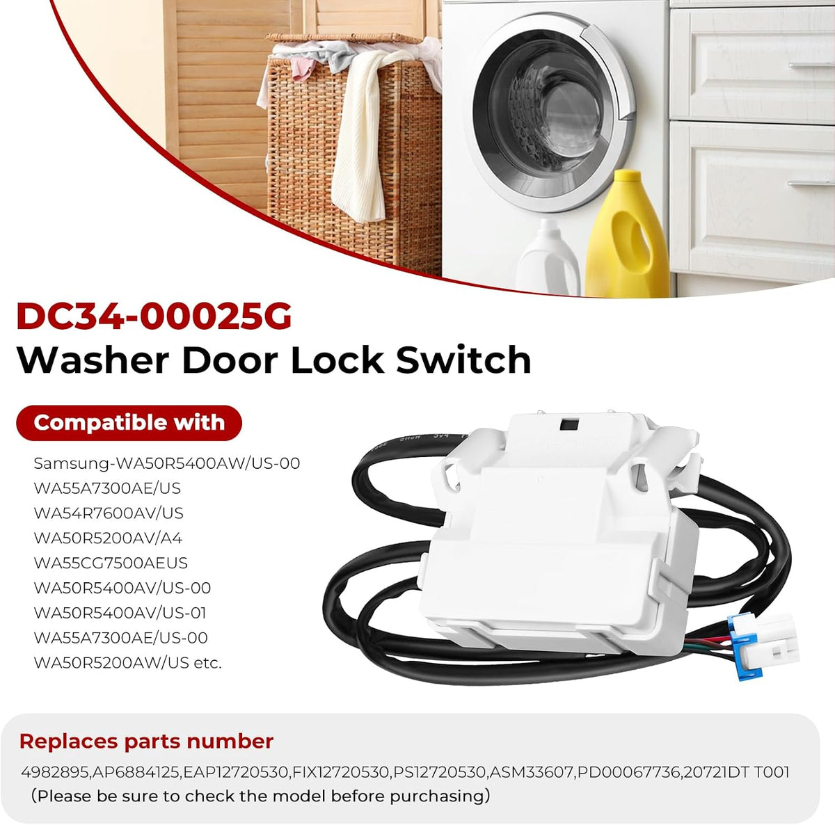 Beaquicy DC34-00025G Switch Door Lock Fit for Samsung WA50R5200AW/US WA50T5300AC/US WA54R7600AC/US Series Washing Machine Parts Replace AP6884125 PS12720530 EAP12720530