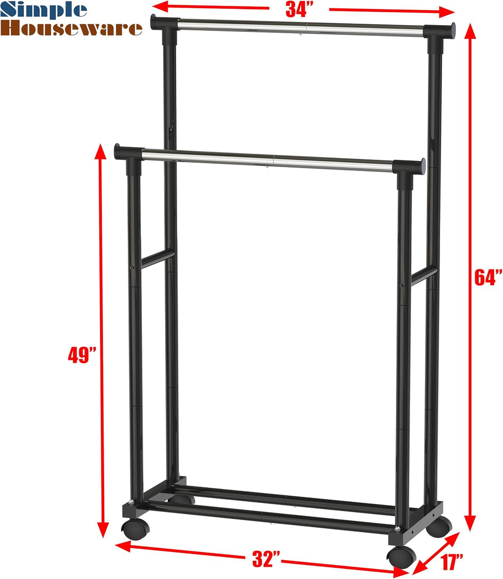 Double Rods Clothing Hanging Rack on Wheels, Black | Metal Rolling Garment Rack