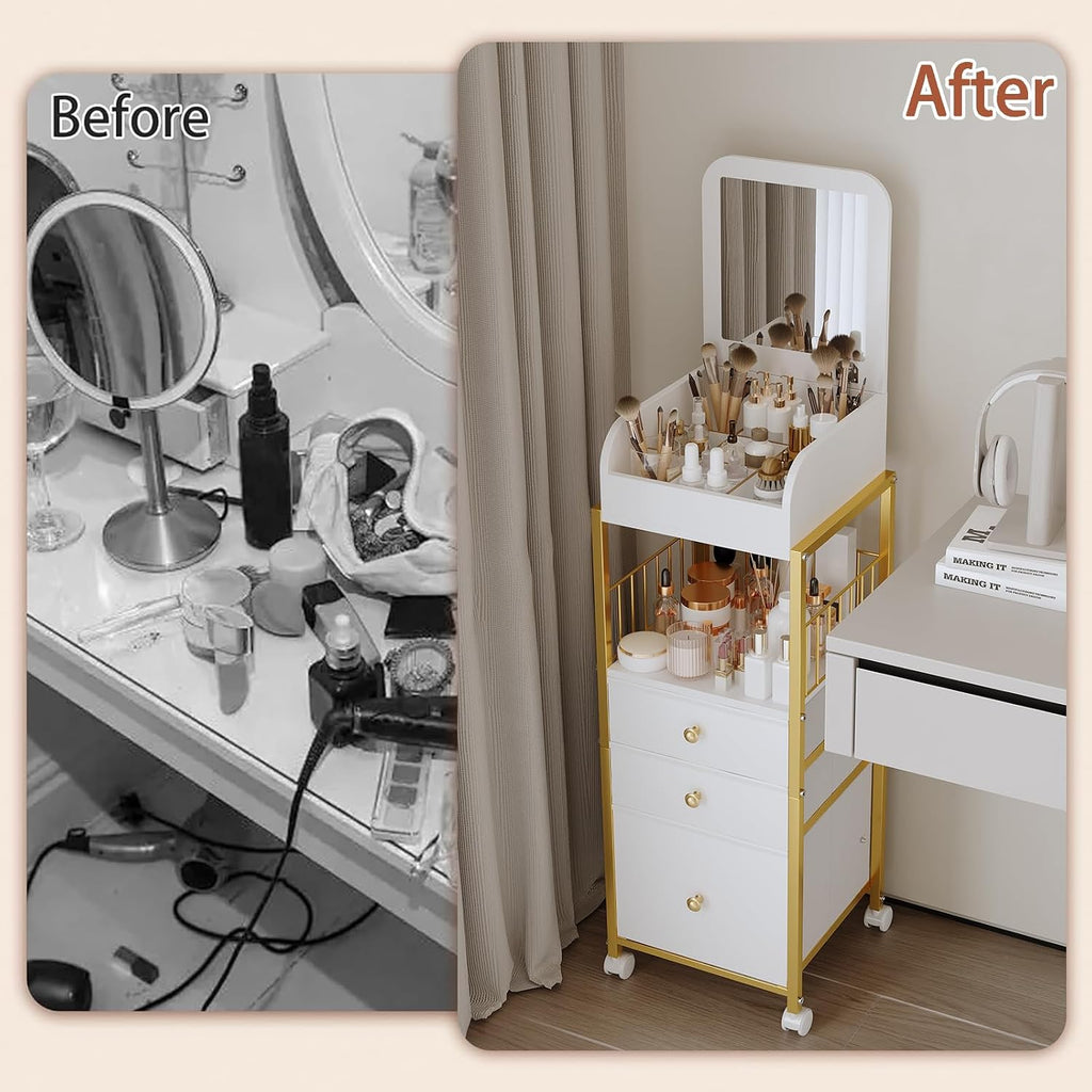 Makeup Cart Organizer with Mirror, Floor Makeup Organizer Large | Make Up Organizers Vanity Cart Cosmetic Display
