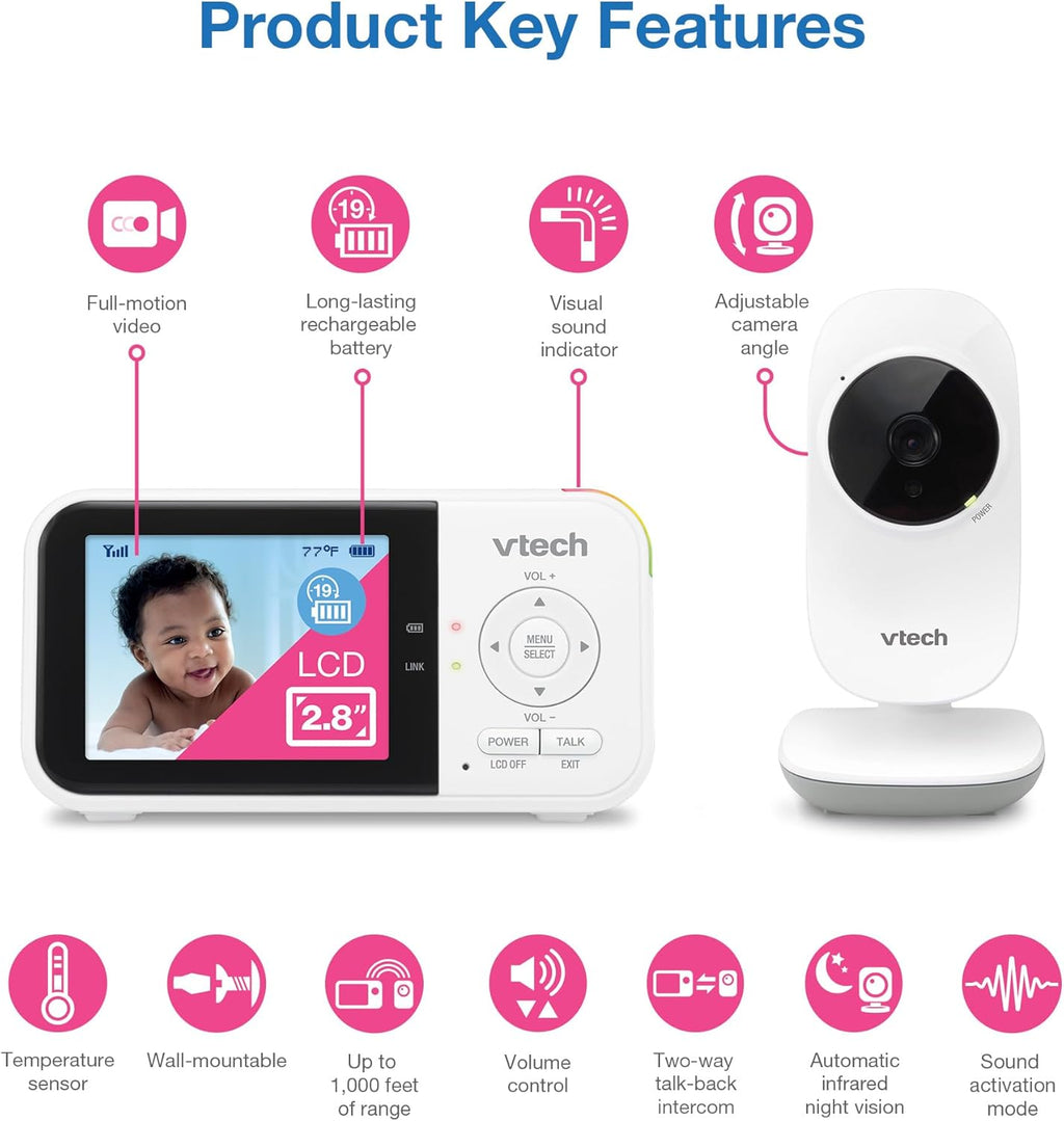 Baby Monitor No WiFi – 19Hr Video Battery, 1000ft Range, Night Vision, Two-Way Talk, Temperature Sensor