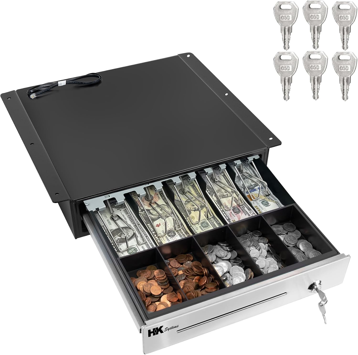 16" "Stainless Steel" Front Heavy Duty Black POS Cash Drawer with 5Bill/5Coin with Under Counter Mounting Metal Bracket