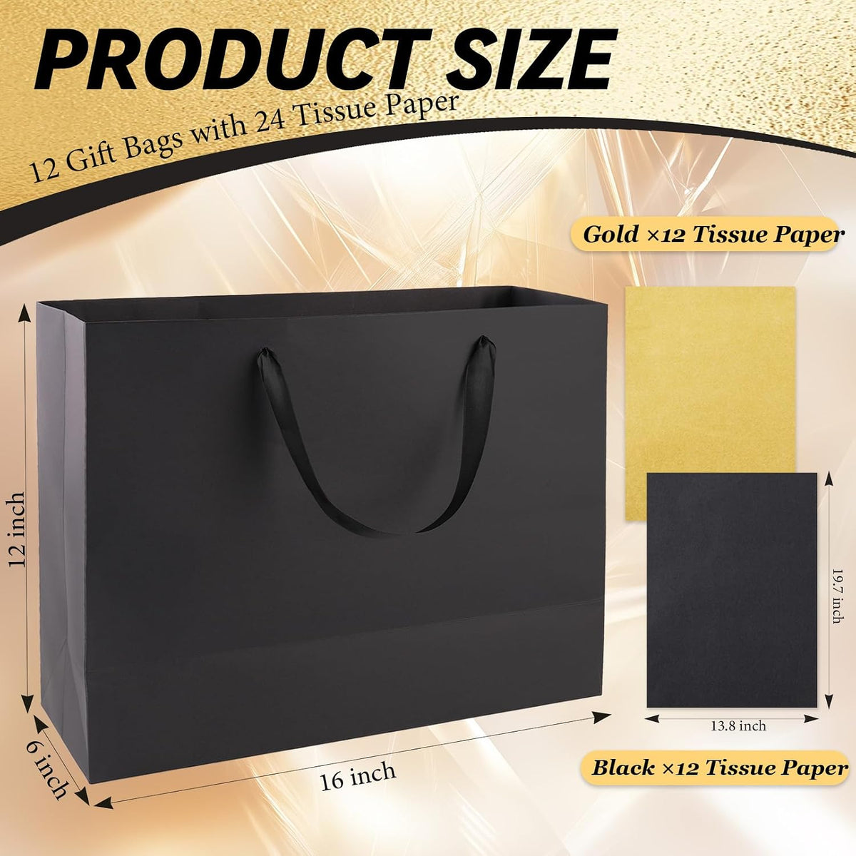 12 Pack Extra Large Black Gift Bags with Handles & 24 Tissue Papers