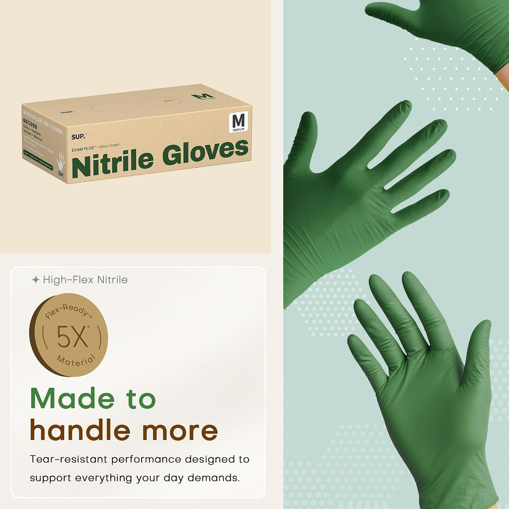 Nitrile+ SUP Exam Plus Gloves, Powder-Free Disposable Moss Green, 100 Count