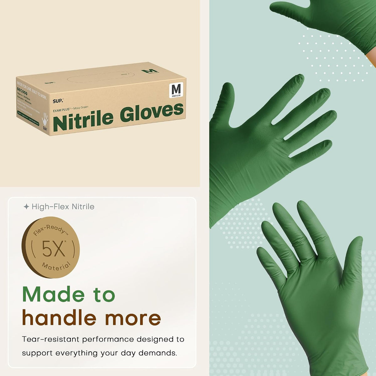 Nitrile+ SUP Exam Plus Gloves, Powder-Free Disposable Moss Green, 100 Count