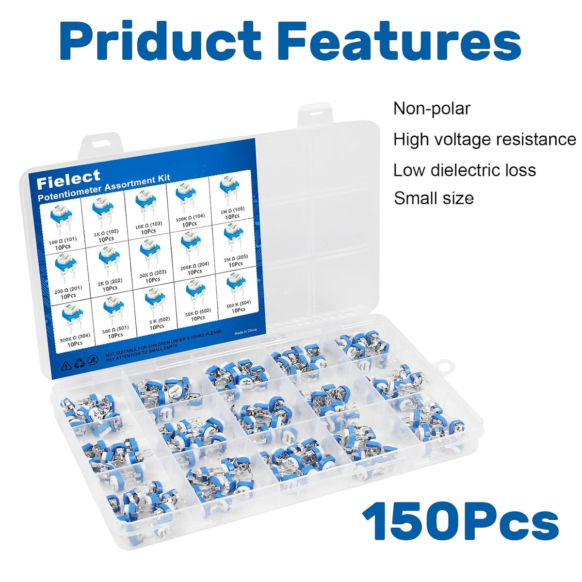 15 Values 100-2M Ohm Potentiometer Assortment Kit, 150Pcs Adjustable Variable Resistor with Transparent Plastic Storage Box for DIY Electronics, Circuit Projects, and Repair