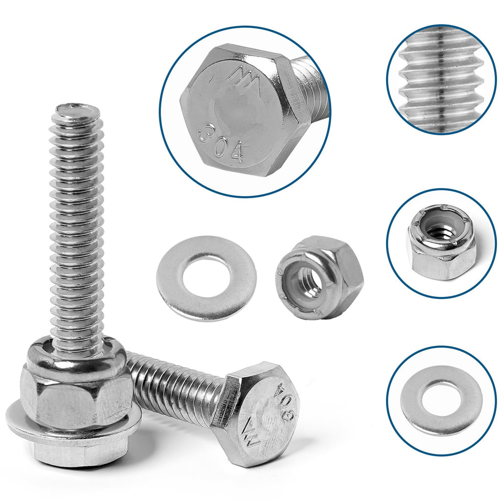 Stainless Steel 1/4-20 Hex Bolt Assorted with Nylon Insert Lock Nut Washer