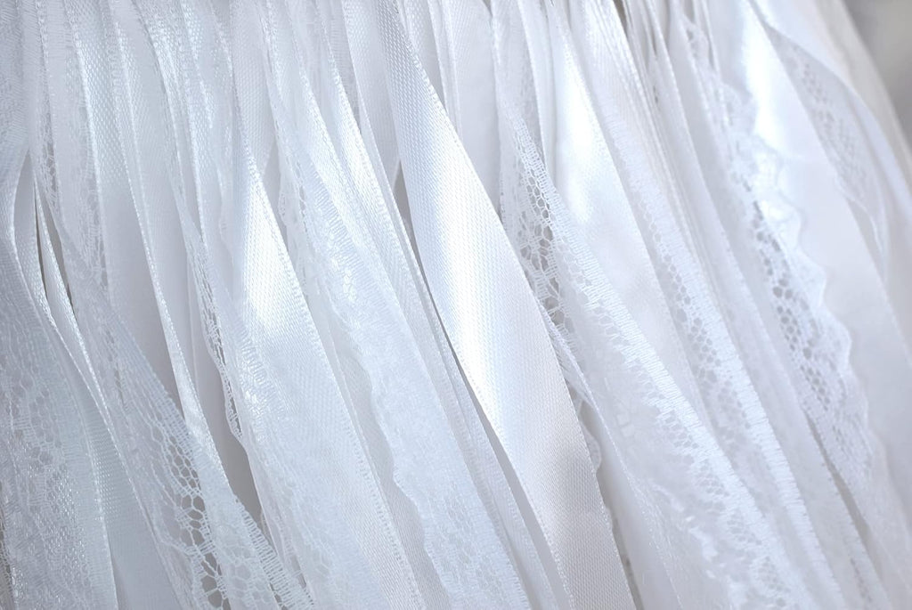 100 Pieces Lace Wedding Ribbon Wands with Triple Ribbon and Silver Bell Wand Silk Fairy Stick Wand Streamers Party