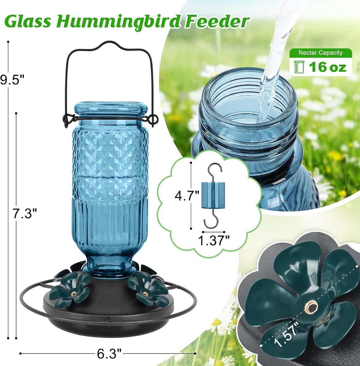 Glass Hummingbird Feeder for Outdoors Hanging, 16 OZ Humming Birds Feeders with 4 Bee Guard Feeding Ports & Built-in