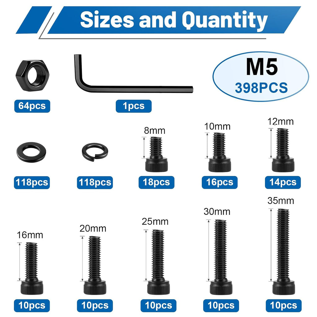 398PCS M5 Socket Head Cap Bolts Nuts Kit, M5x8/10/12/16/20/25/30/35 mm