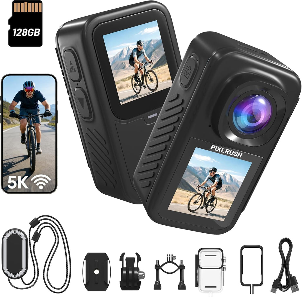 4K Mini Action Camera | 128GB, Dual Screen, Touch, Body Thumb Cam, Waterproof, Magnetic Mount, WiFi, Audio Video