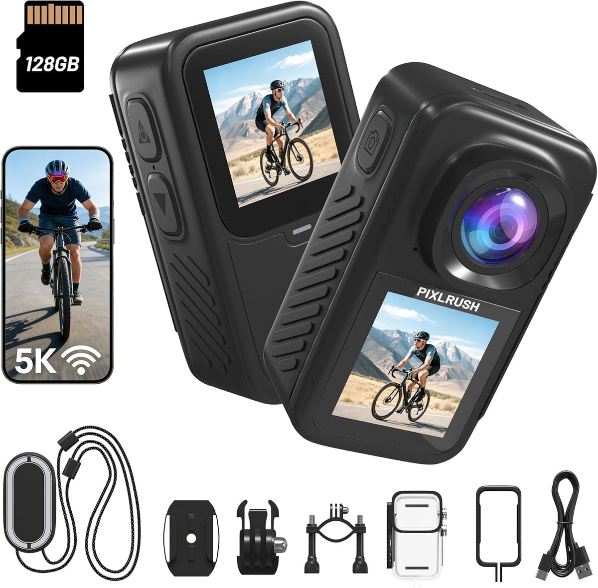 4K Mini Action Camera | 128GB, Dual Screen, Touch, Body Thumb Cam, Waterproof, Magnetic Mount, WiFi, Audio Video