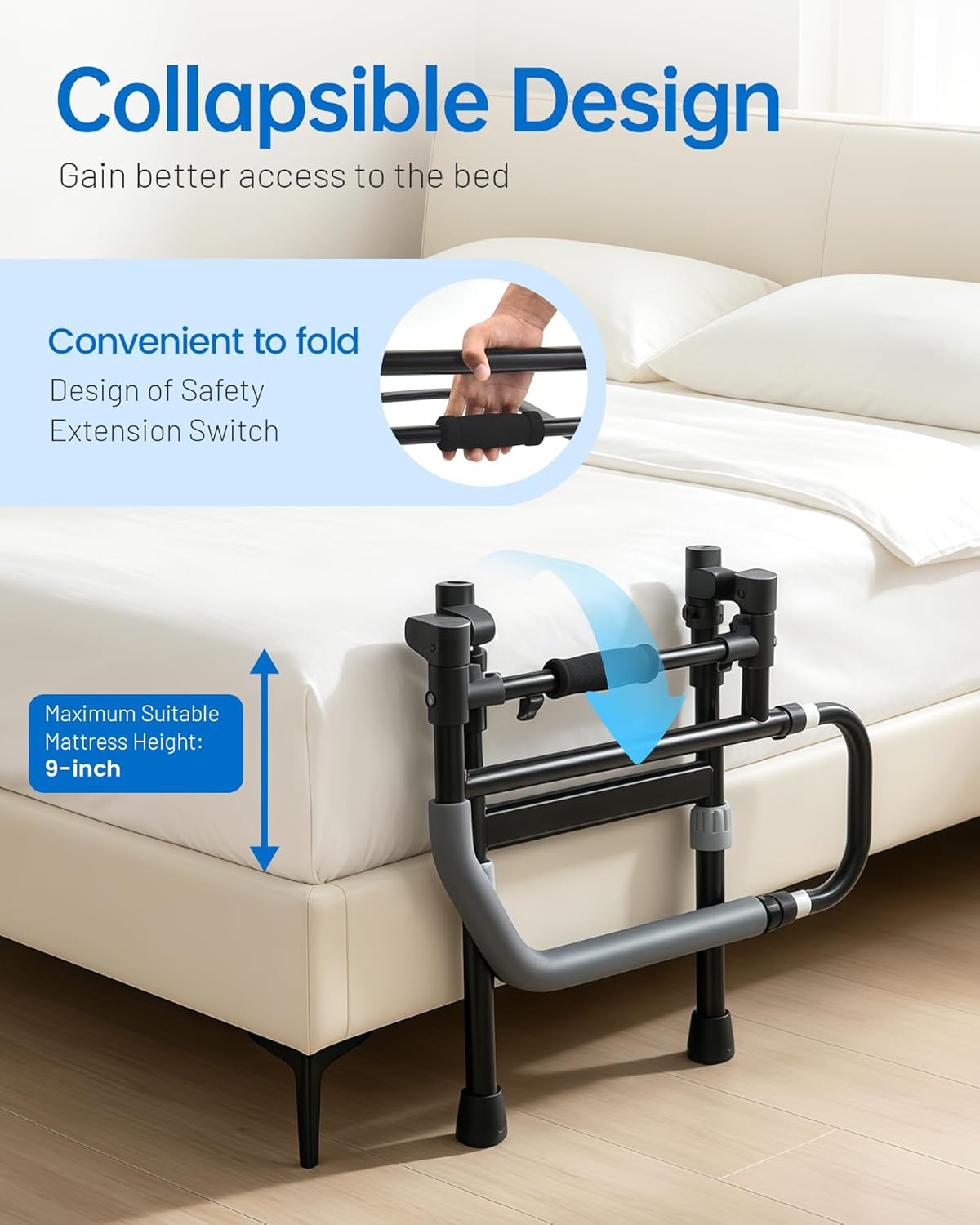 Safety Bed Rail for Elderly Adults - Foldable Bed Assist Rail with Adjustable Height & Storage Pocket, Bedside