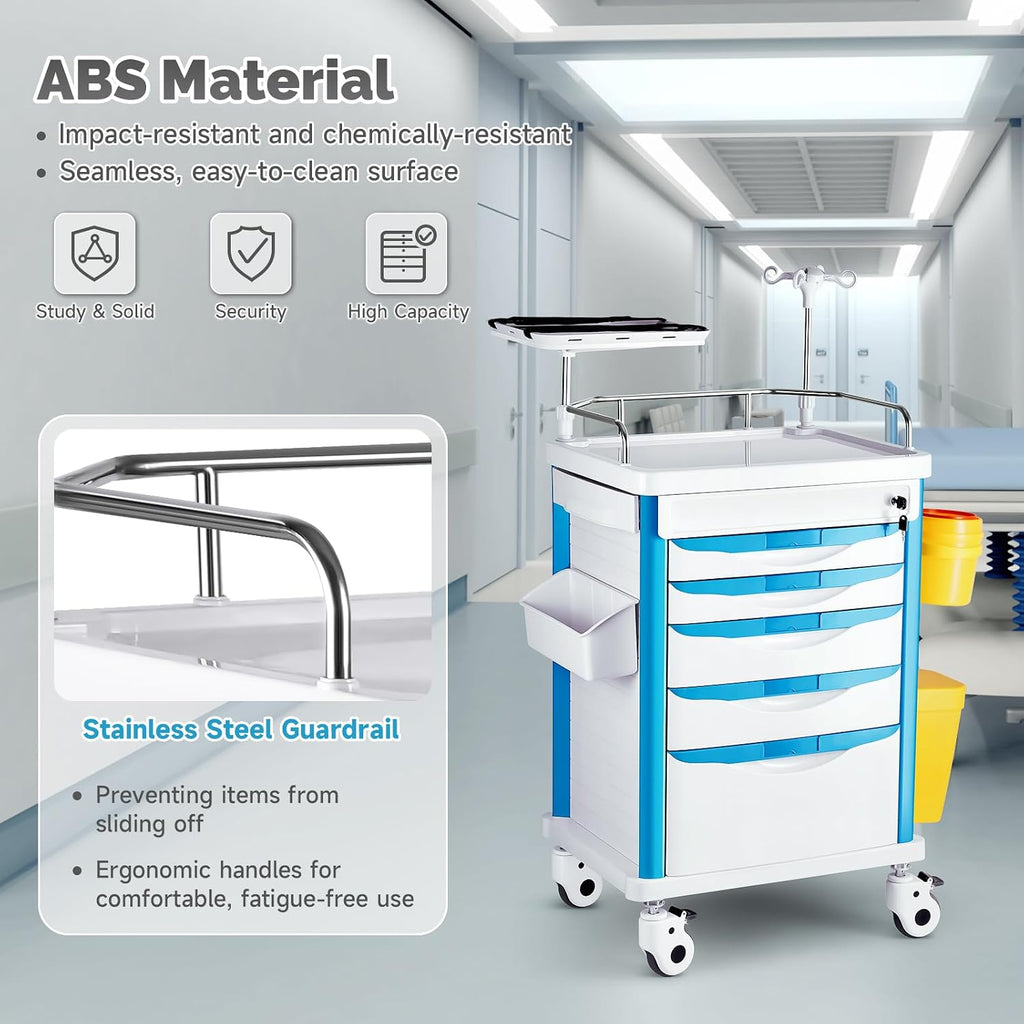Crash Cart Medical ABS Material, Medical Cart with Drawers, Adjustable IV Pole, Silent Casters, Trash Bins, O2