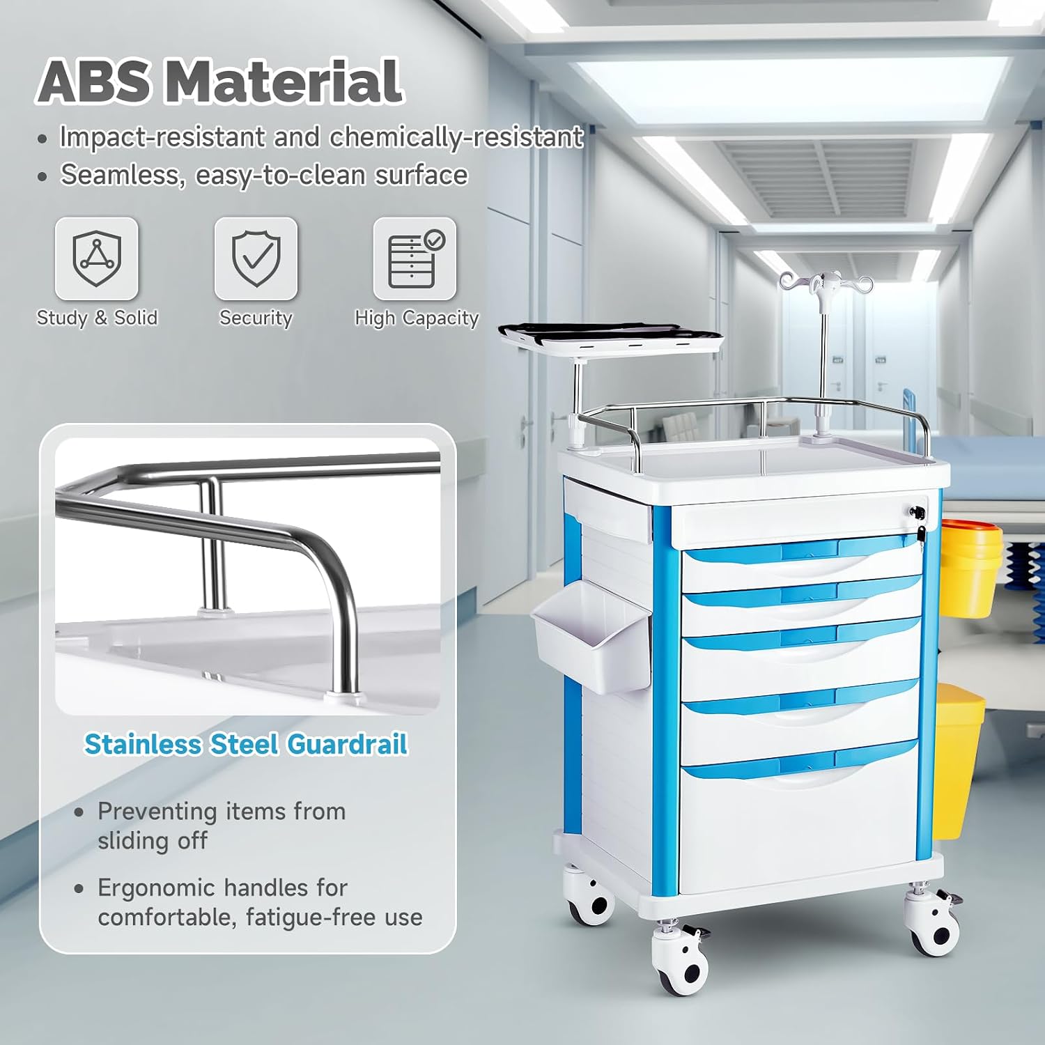 Crash Cart Medical ABS Material, Medical Cart with Drawers, Adjustable IV Pole, Silent Casters, Trash Bins, O2