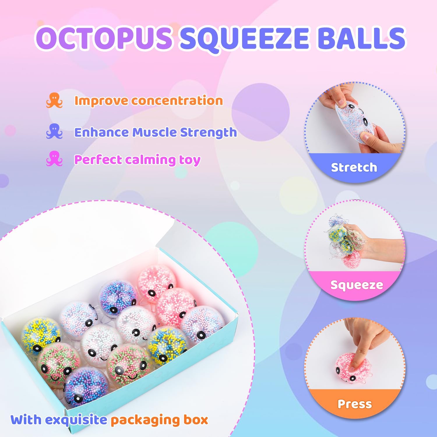 12 Pack Fidget Stress Balls for Adults, Cute Octopus Stress Ball | Stress Sensory Stress Ball, Bulk Squishy Squeeze