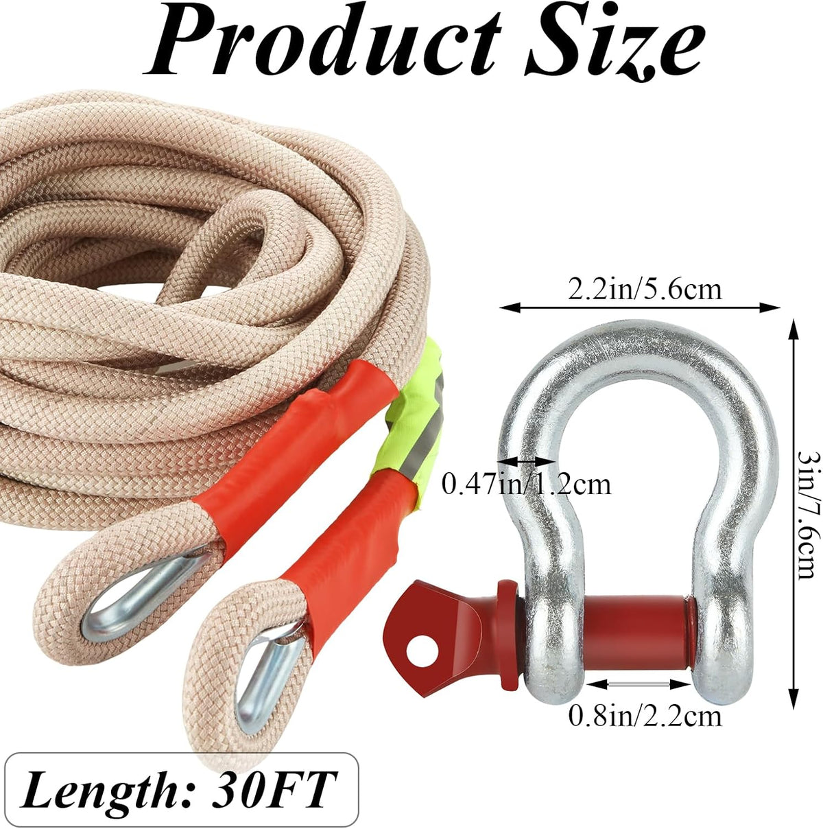 Kinetic Recovery Strap(1" x 30ft), 22,000lbs Tow Straps Heavy Duty with Loops, Nylon Off Road Tow Rope with 2 D-Ring
