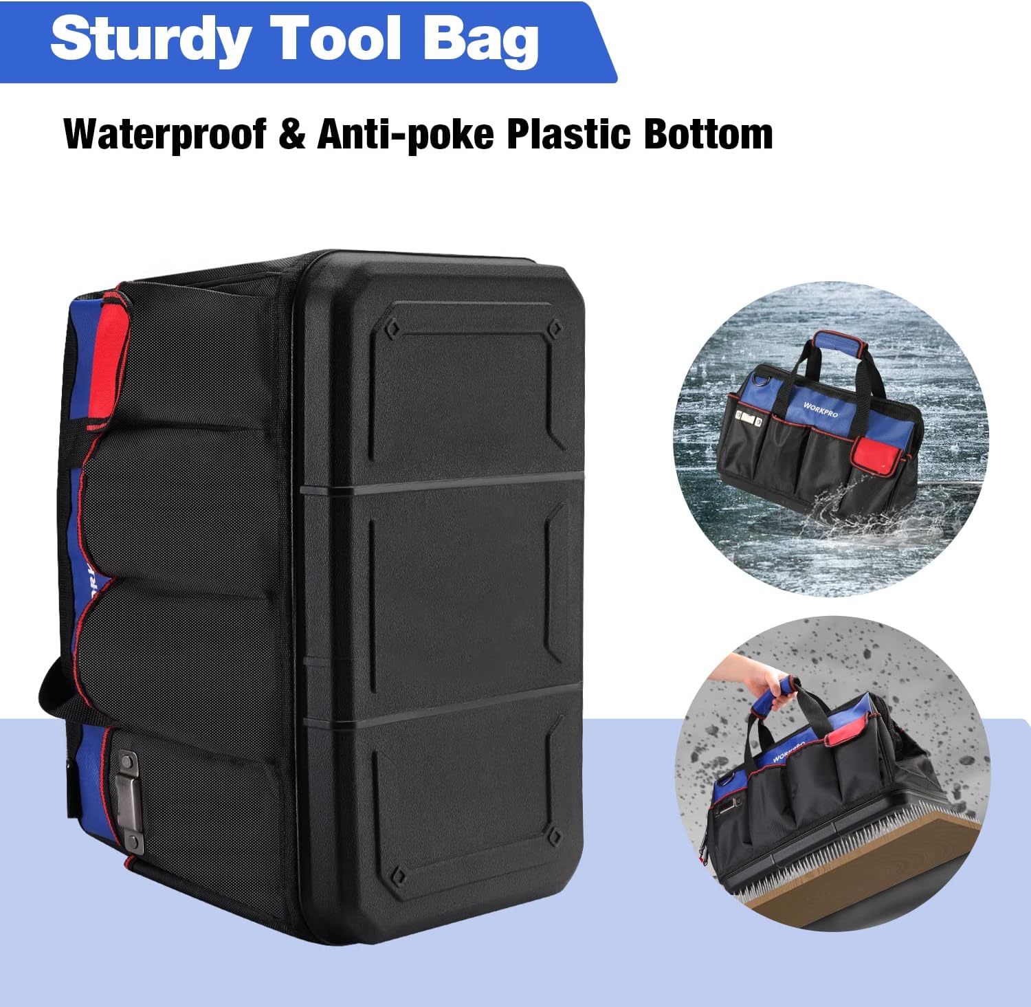 Tool Bag, 18 Inch Tool Bag with Waterproof Molded Base, Open Top Tool Organizer Bag with 20 Pockets, Adjustable