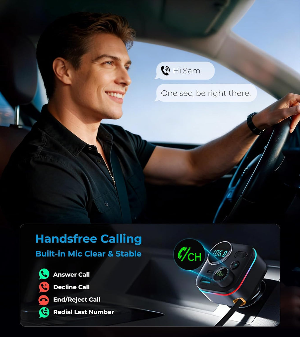 Bluetooth 5.4 FM Transmitter, 72W Car Charger with 45W Retractable USB-C PD | Built-in Cable, Hands-Free Calling