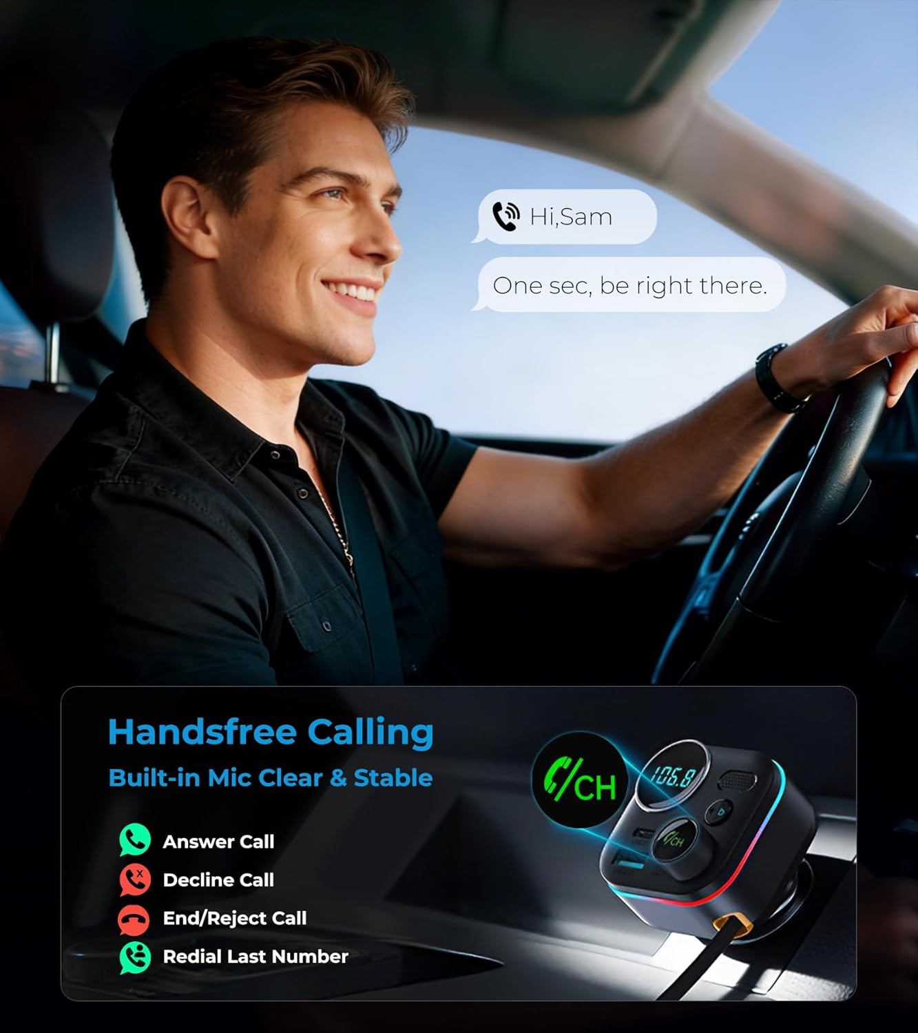 Bluetooth 5.4 FM Transmitter, 72W Car Charger with 45W Retractable USB-C PD | Built-in Cable, Hands-Free Calling