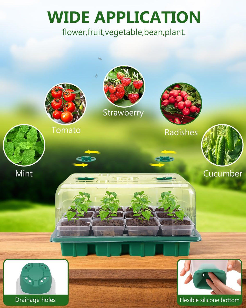 12 Cell Seed Starter Kit with Grow Light Heating Mat & Silicone Pots | Grow Light, Graphene Heating Mat, Reusable