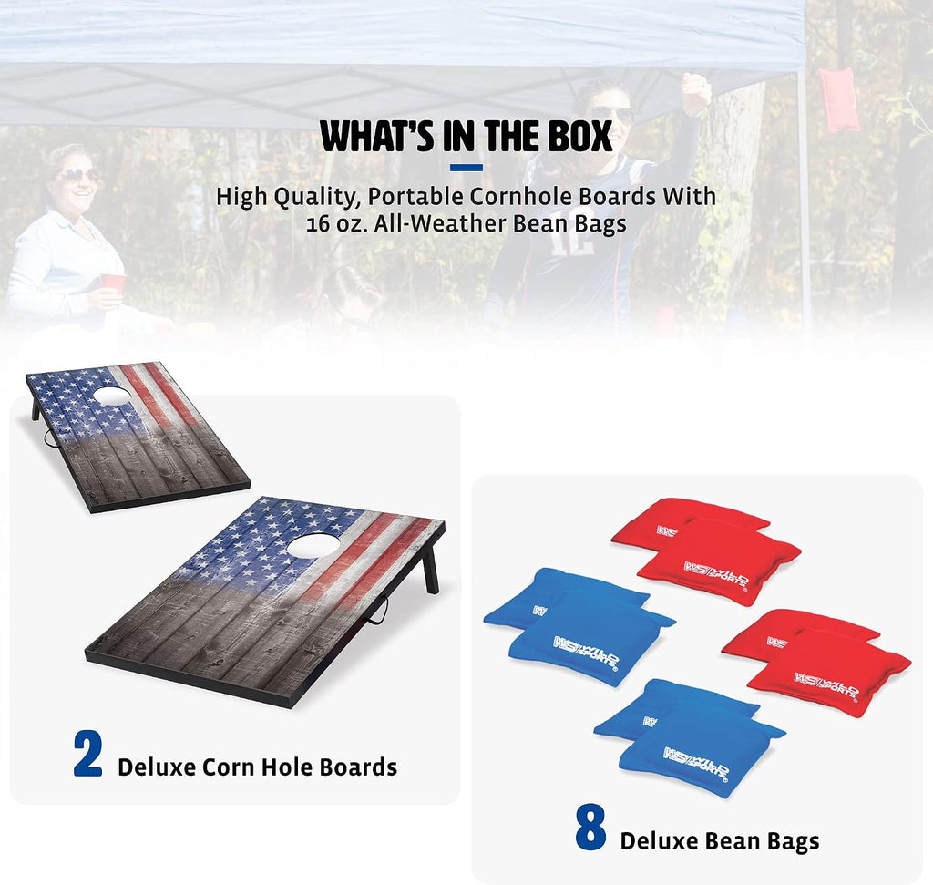 Stars & Stripes Cornhole Board Set, 2 Boards & 8 Bean Bags | Pre-Assembled Bean Bag Toss, Built-In Handle