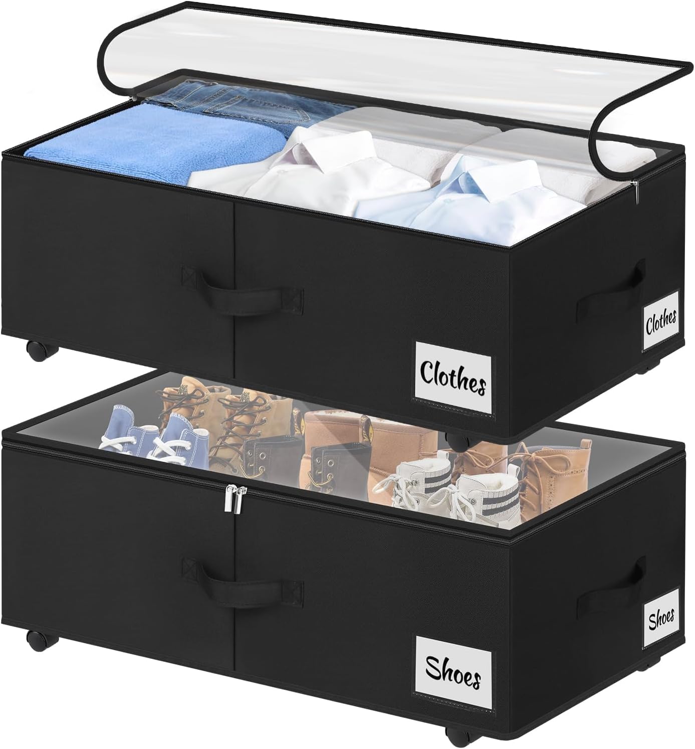Under Bed Storage with Wheels, 2-Pack 10" Height XXL 75L Rolling Storage Bins, Quick Assembly Underbed Shoe Storage