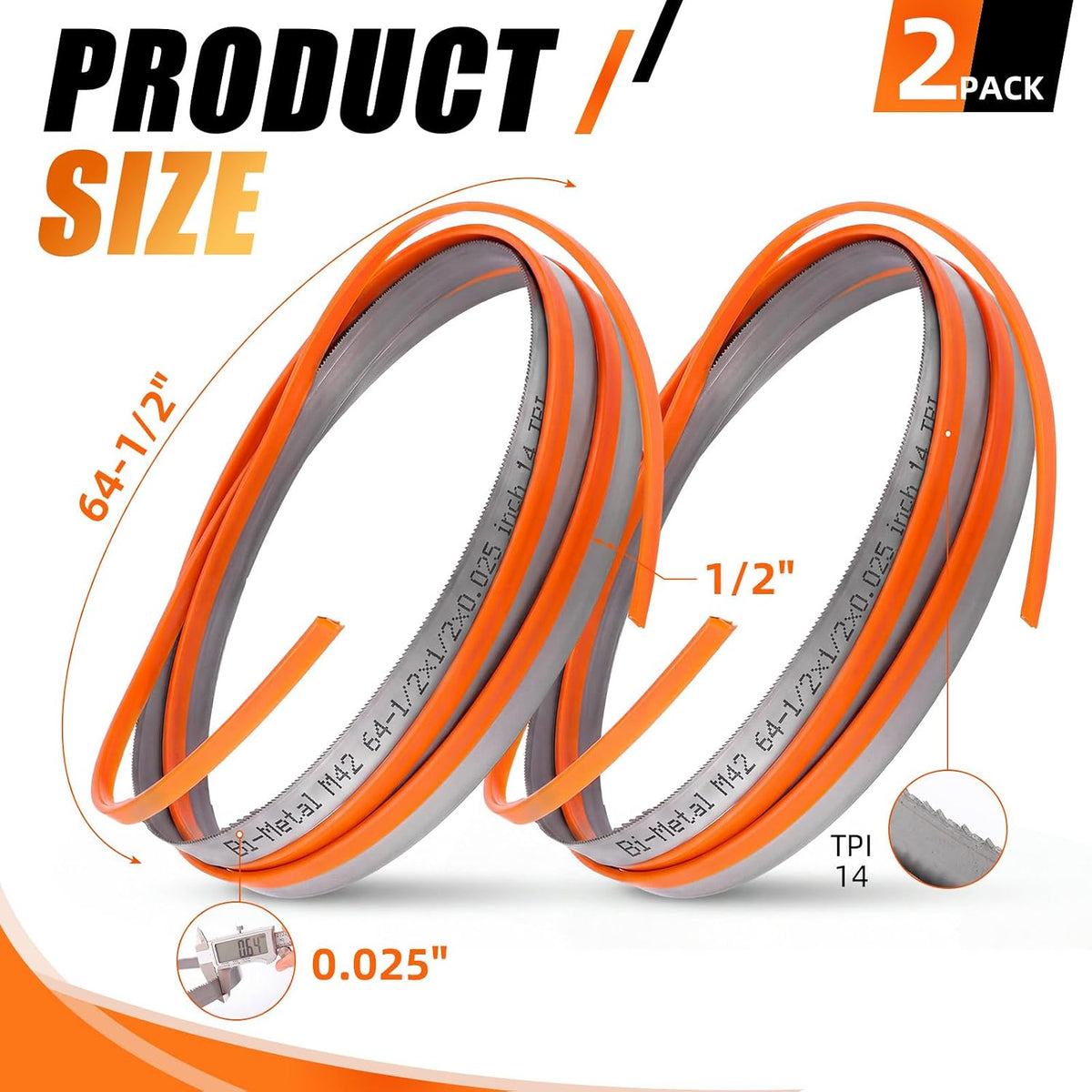 2 Pcs Band Saw Blades, 64-1/2" X 1/2" X 0.025",14 Tpi