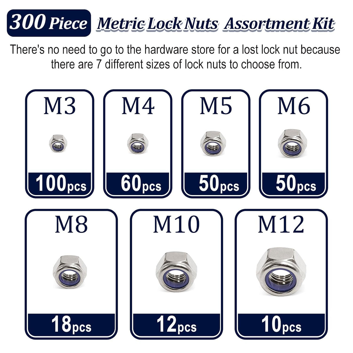 ZQZ 300Pcs Metric Stainless Nylon Lock Nuts Assortment Kit; M3-M12 Locknut