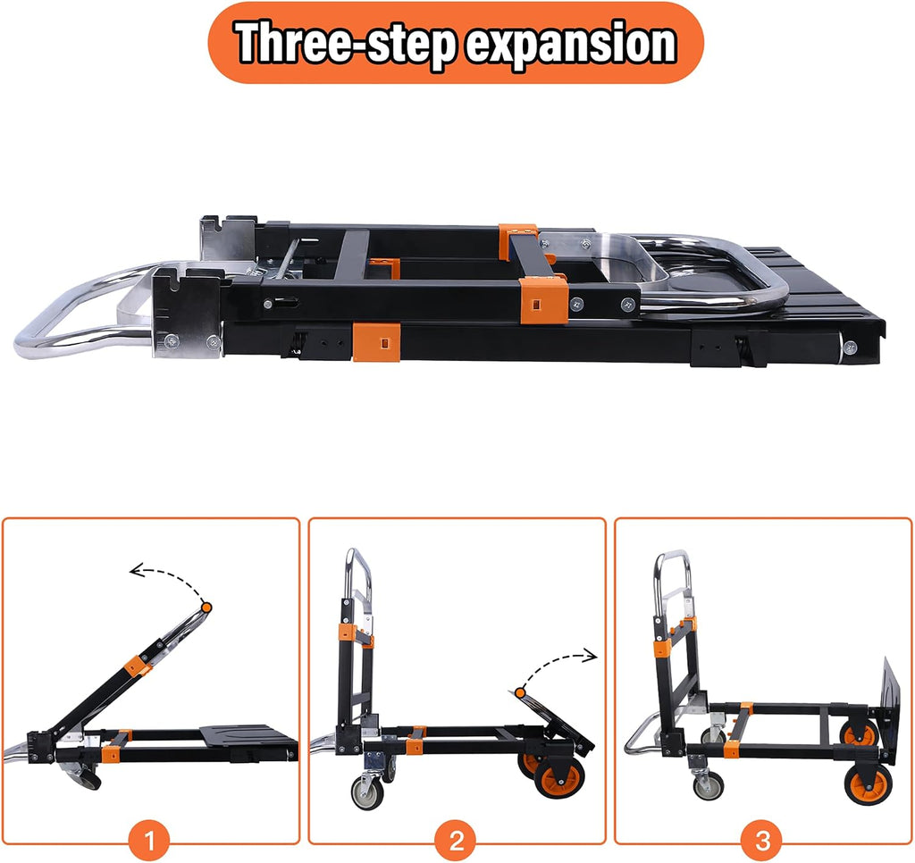 Upgraded 3 in 1 Folding Hand Truck, 500lbs Capacity Heavy Duty Convertible Dolly cart with Rubber Wheels, Collapsible