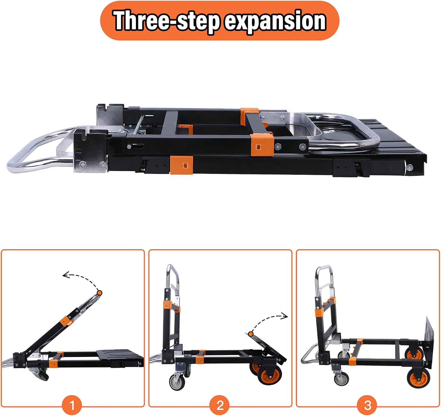 Upgraded 3 in 1 Folding Hand Truck, 500lbs Capacity Heavy Duty Convertible Dolly cart with Rubber Wheels, Collapsible