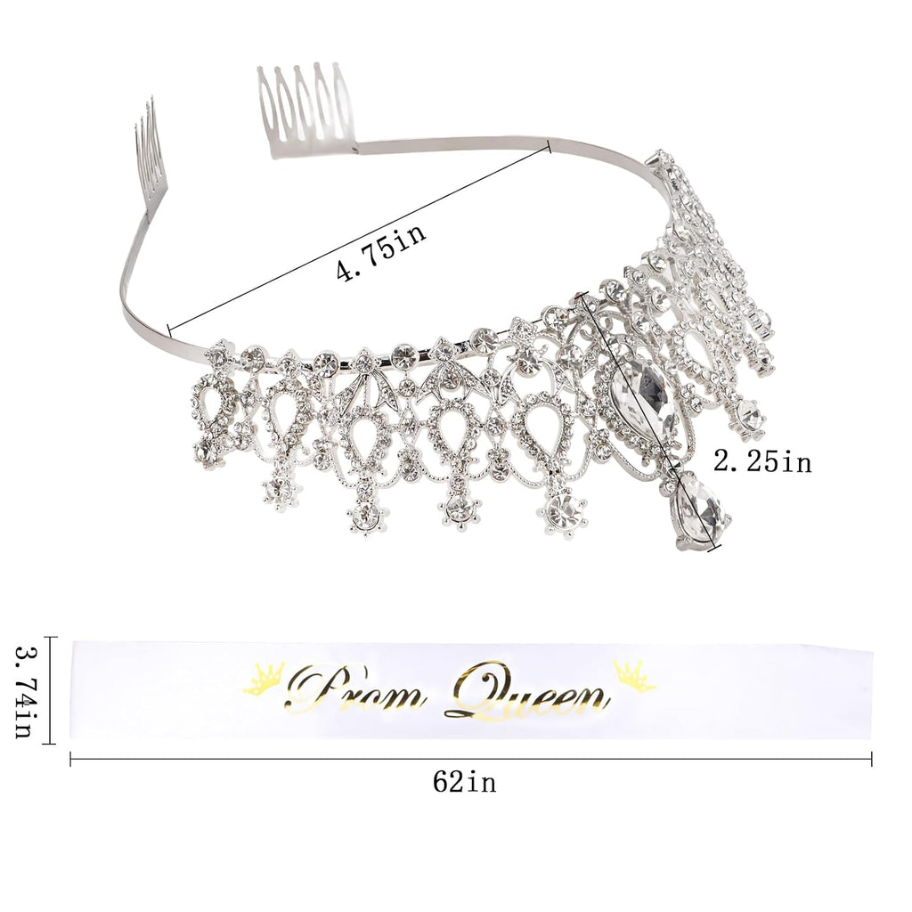 Prom Queen Sash and Tiara Set, Silver Crowns and White Sash - Graduation and Wedding Party Accessories