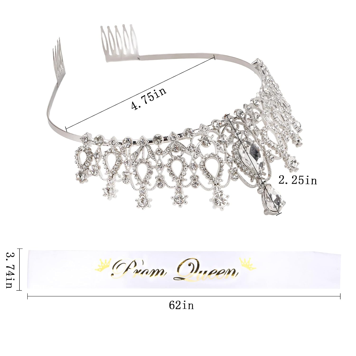 Prom Queen Sash and Tiara Set, Silver Crowns and White Sash - Graduation and Wedding Party Accessories