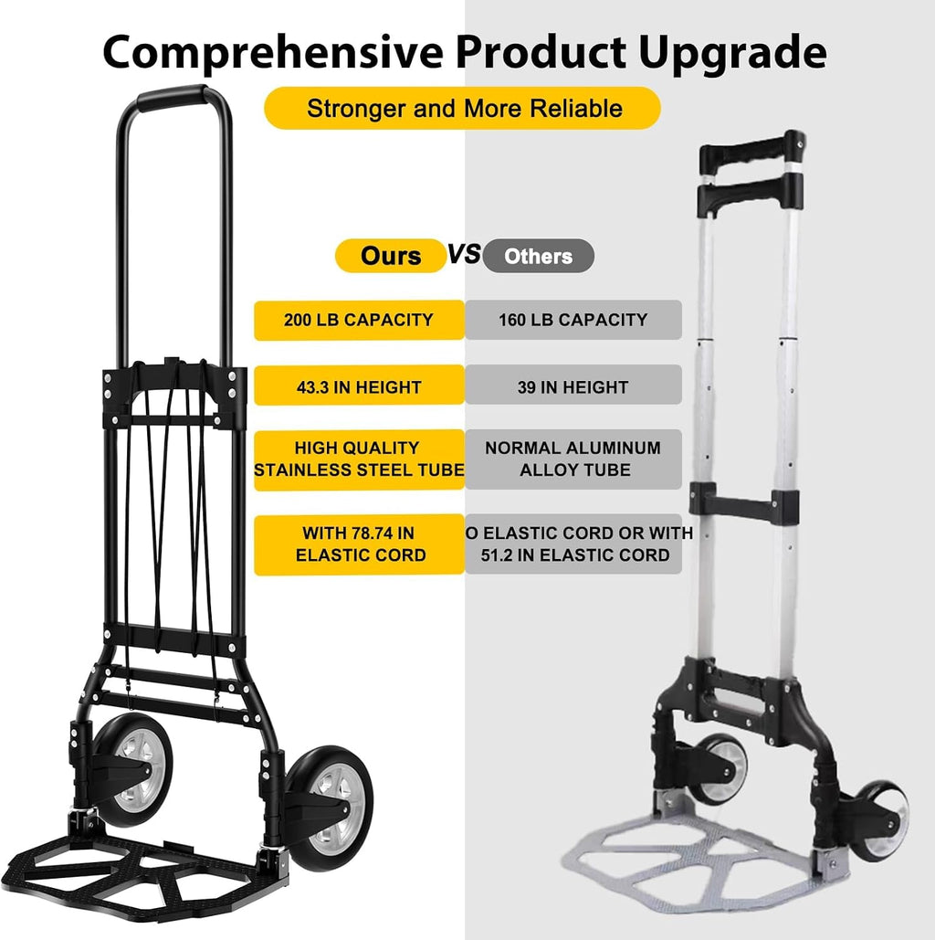 Folding Hand Truck and Dolly, 200 LB Capacity Aluminum Cart with Extended Handle for Travel, Moving, Shopping, Office