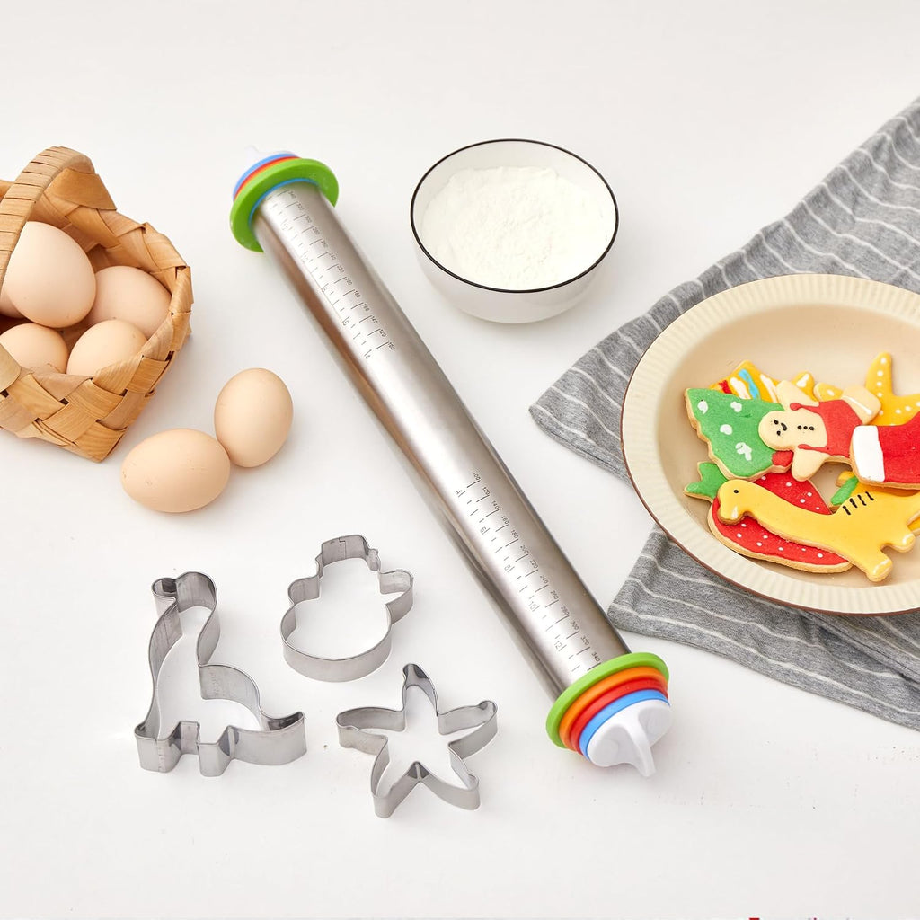 Rolling Pin with Thickness Rings, Fulimax 17" Adjustable Stainless Steel Rolling Pins for Baking, Dough Roller for